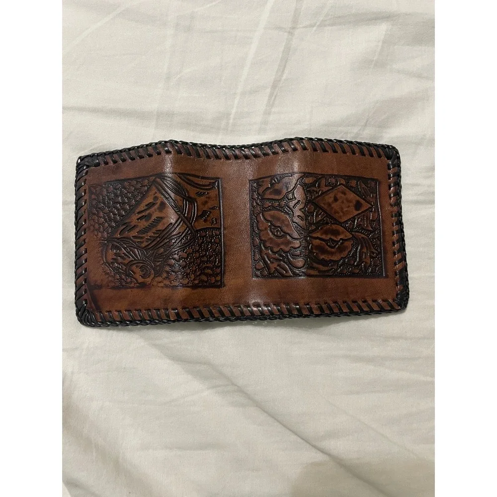 Unbranded Trifold Wallet Mens OS Brown Tooled Leather Floral Eagle Whipstitch